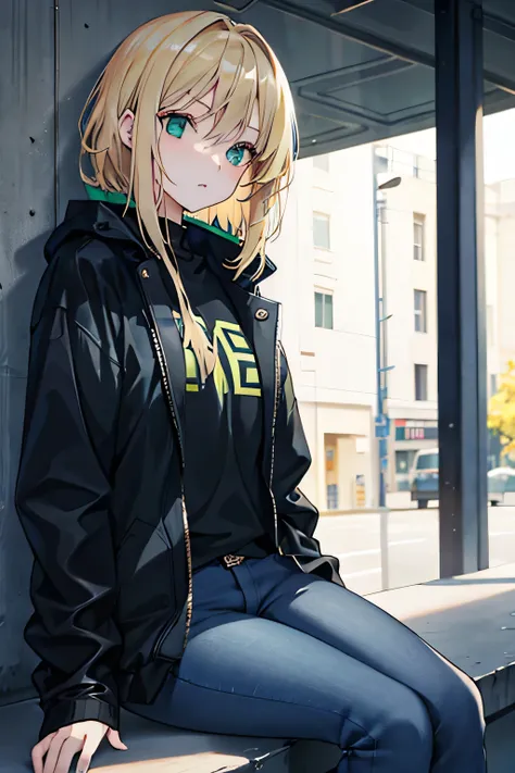 Female + blonde hair + green eyes + young adult + oversized black jacket + blue jeans + solo