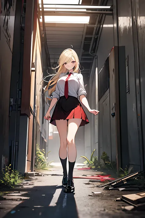  adult woman blonde hair white shirt with red tie black skirt, socks, heels, walking inside an abandoned factory at night .