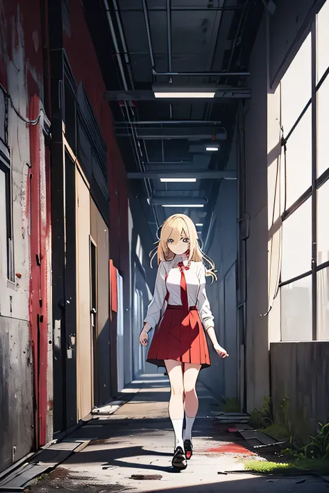  adult woman blonde hair white shirt with red tie black skirt, socks, heels, walking inside an abandoned factory at night .