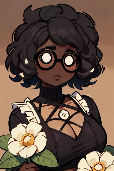 Solo, female, dark skin, curly hair, (((short hair))), Black afro, curly afro,  lipstick, eyeliner, eyelashes, thick eyelashes, dark skin glasses, mature female, chubby face, flowers in hair