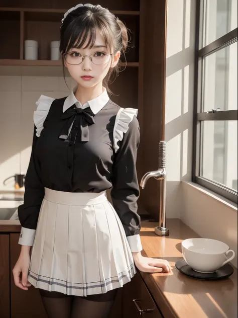 1 person、Alone、Maids in their 20s pose and take pictures、 real、(Small face)、( standing)、(( Small breasts))、((Cutting board))、( black pantyhose)、( half up)、victory、Tsundere、Single Knot、(Maid uniform)、 plaid pleated skirt with female genitals visible all the...