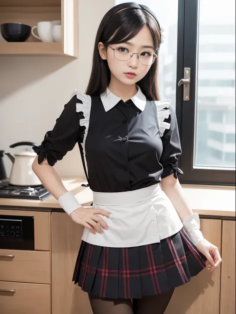 1 person、Alone、Maids in their 20s pose and take pictures、 real、(Small face)、( standing)、(( Small breasts))、((Cutting board))、( black pantyhose)、( half up)、victory、Tsundere、Single Knot、(Maid uniform)、 plaid pleated skirt with female genitals visible all the...