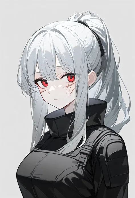 1 girl, Alone, wide, a clear ponytail, silver hair color,  long bangs, red eyes, BIG BREASTS, big eyes, expressionless , facial scar, standing, (black combat uniform), (Gray background, simple background), Upper part of the body, Masterpiece, Best Quality