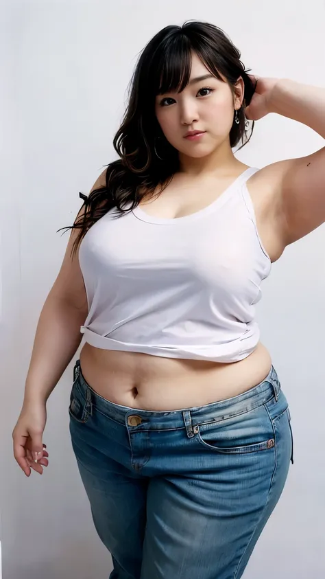 Beauty、Japanese、Big breasts、Fat women、Blank white background、 Tank top 、 Plump Body 、 big stomach、 woman wearing tank top、 