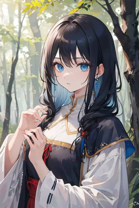 (( Top Quality)), ((masterpiece)), (full), 1 woman, Black hair, blue eyes, gentle face , Upper body,  medieval fantasy costume without decoration, forest background, Neat hands 