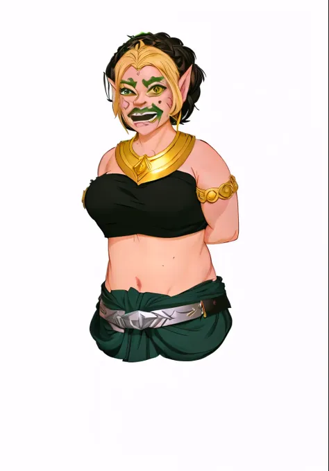 there is a woman with a green face and a gold necklace, half orc half elf woman, lucio as a woman, (((mad))) elf princess, female dwarven woman, female orc, elfpunk, dwarven woman, goblin girl dnd character, full body portrait of a short!, half elf woman, ...