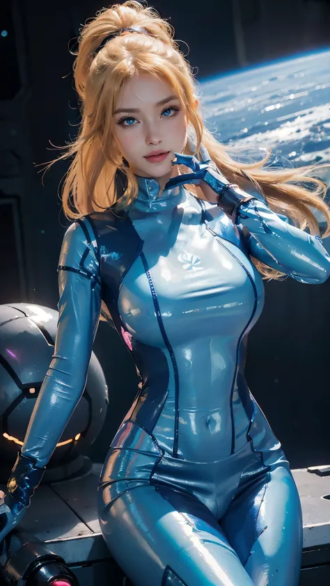 Samus aran,(best qualityer,4K,8k,high resolution,work of art:1.2)(weather: space), spaceship background, spaceship corridor, freckles, mechanical armor, long sleeve bodysuit, boots, gloves, neon lights embroidered, boots, eyeliner, straight hair, blonde ha...