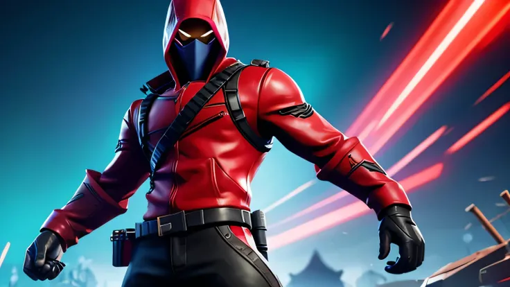 fortnite style background, 1 male, red clothing