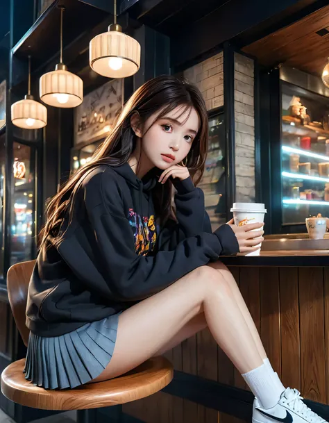 masterpiece,best quality,1girl,solo,pensive look,brown hair,long hair,straight hair,black sweatshirt, gray miniskirt, pleated skirt,white sneakers,perfect body,dynamic pose,coffee shop,break glowing,dramatic lighting,vivid colors,vibrant colors,detailed fa...