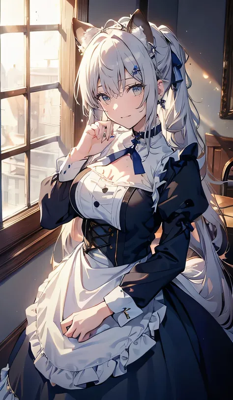 ((smile,smile,Big Breasts)),(  best quality,4K,  high definition :1.2), {{{masterpiece}}}, {{{ best quality}}}, {{ super detailed}}, {beautiful,  detail eyes },  1 girl , Alone, ((Gray Hair)),   very long hair , 青いeye, (  straight hair), (bangs),  animal e...