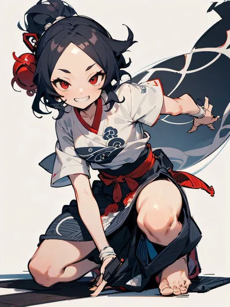 alone,fullbody,black ponytail,big forehead,red eyes,japanese headband,white t-shirts,(loincloth),action model pose,grin,white si...