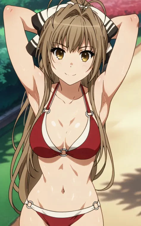 score_9, score_8_up, score_7_up, source_anime, anime screencap, 1girl, solo, long hair, ponytail, brown hair, antenna hair, hair intakes, brown eyes, hair bow, SentoBikini, o-ring bikini, red bikini, bare shoulders, bare arms, arms behind head, armpits, fr...