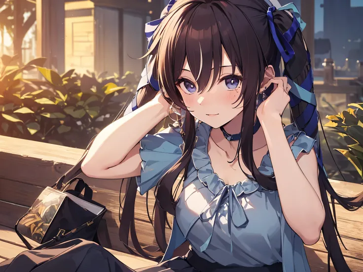 Solo, 1 girl, (human ears, earrings), (anime face), (((sitting, hands on head))), (black casual dress with ruffled sleeves, black skirt with ruffles), ( sunset sky, sunset sun) , evening sky), (focus on chest, oblique angle), (high resolution, masterpiece,...