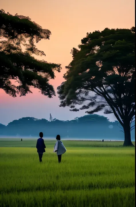 araffes in a field with trees and a sunset in the background, by Zou Zhe, foggy sunset, at sunrise, during sunrise, in a sunset haze, beautiful dusk, beautiful and spectacular dusk, by Shi Rui, early morning sunrise, by Xie Shichen, national geographic pho...