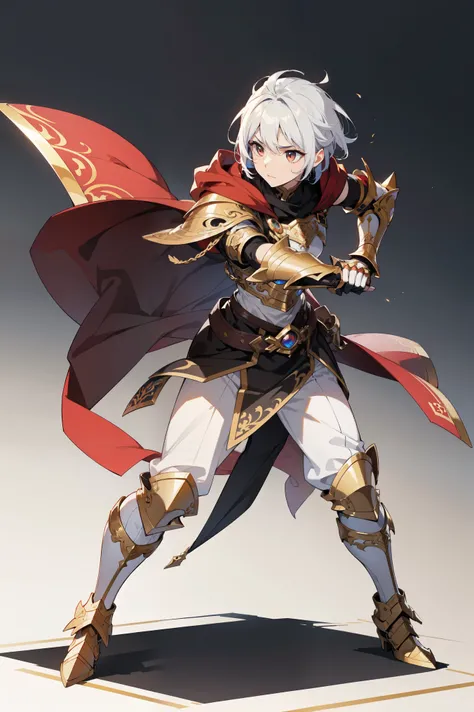 Image is a fullbody digital illustration of ragnarok online character, depicted in a dynamic pose, aiming a bow. The character wears a dark hooded cloak with a red interior, and a suit of armor with gold and silver accents. The armor includes a chest plate...