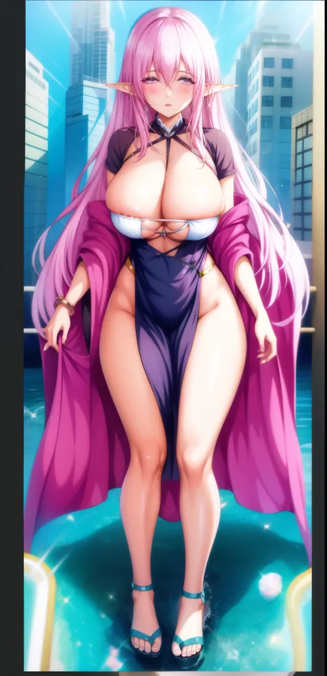 wife，  big breasts  ， bare torso ,    long pink hair，Elf ears，outcrop，cheongsam，纹胸，Big thighs ，Wet，Water Drops。Aho