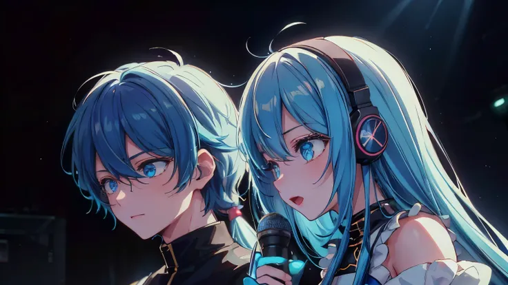 32K, best quality、High image quality、film quality、 male and female couples、a beautiful detailed vocaloid girl with long light white blue hair, singing on a futuristic concert stage, wearing high-tech headphones, microphone in hand, ultra-detailed, 8k, phot...