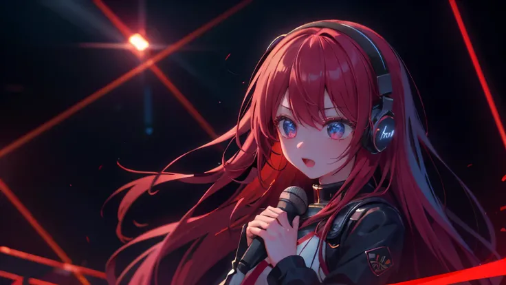 32K, best quality、High image quality、film quality、 male and female couples、a beautiful detailed vocaloid girl with long light Red hair, singing on a futuristic concert stage, wearing high-tech headphones, microphone in hand, ultra-detailed, 8k, photorealis...