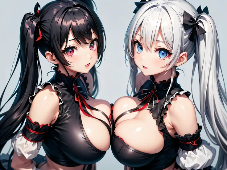  Big Breasts 、 black hair、Red eyes、 twin tails、　Second Person、 Big Breasts 、Gray Hair、 blue eyes、 twin tails　twins