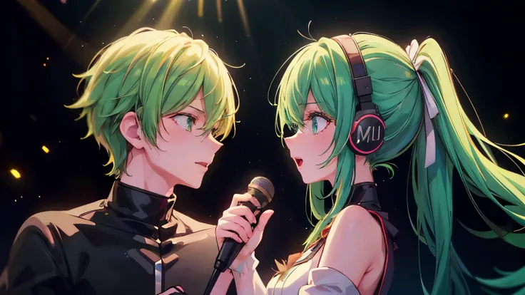 32K, best quality、 Christmas、High image quality、film quality、 male and female couples、a beautiful detailed vocaloid girl with long light white Green hair, singing on a futuristic concert stage, wearing high-tech headphones, microphone in hand, ultra-detail...