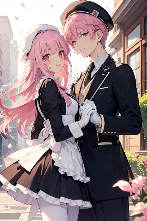 Mens couples(lord knight male),(( ragnarok online )( Feather beret)) And maid girl without a headdress smiling,  shaking hands , ( showing teeth), standing,  pink hair color,  building background ,  building background (office), complete anatomy,  graphic ...