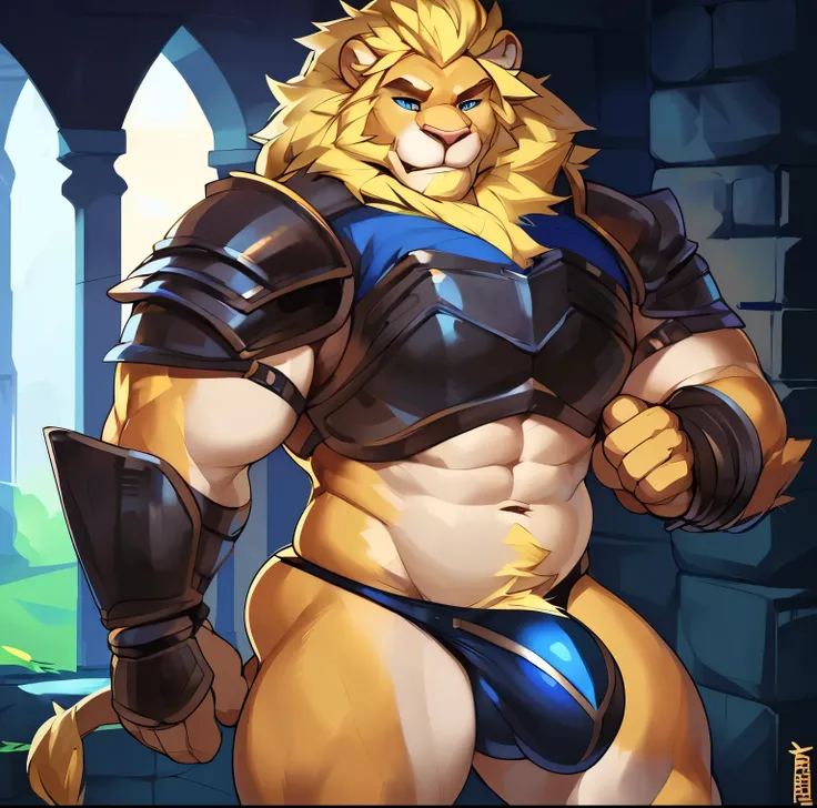 Solo, anthro, male (((lion, blue eyes, blue iris, black pupils, broad shoulders, muscular, huge pecs, abs, blonde body, blonde fur, blonde hair, mane, beard, sideburns, pink nose, armor, shoulder pads, armor plates, black thong, big bulge))) standing, cast...