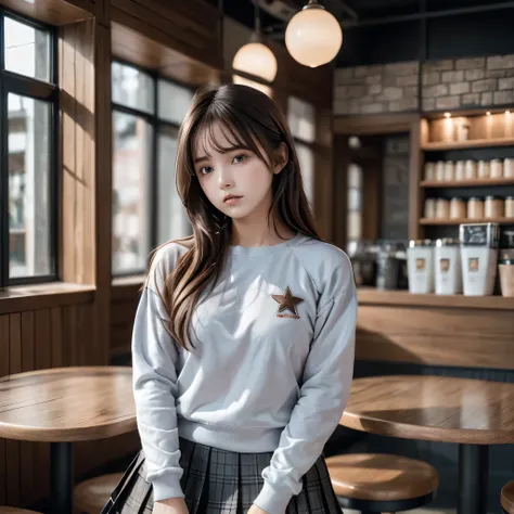 masterpiece,best quality,1girl,solo,pensive look,brown hair,long hair,straight hair,black sweatshirt, gray miniskirt, pleated skirt,white sneakers,perfect body,dynamic pose,coffee shop, detailed face,beautiful eyes,beautiful lips,luminous skin,fantasy,intr...