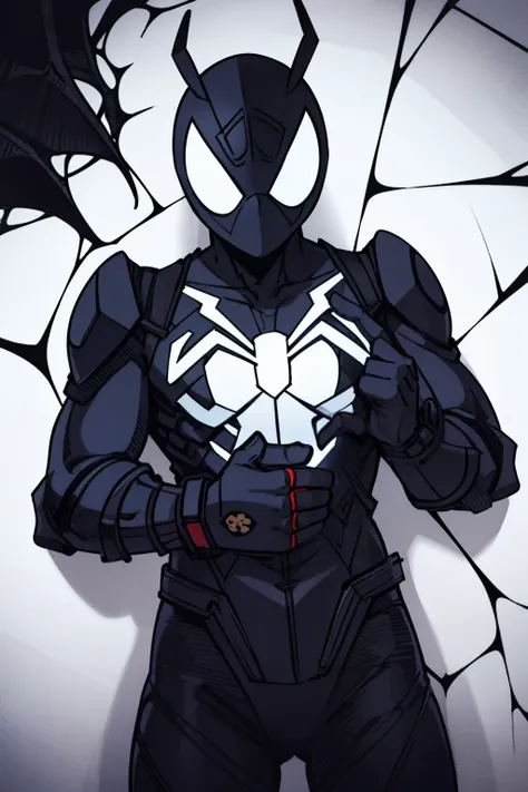 A Spider-man  :

   Suit

Bodysuit

Black suit with an effect of  " fading " on the edges ,  as if constantly between this world and another .

 A mask with long white eyes that glow dimly in the dark.

On his back,  a spider symbol with a design similar t...