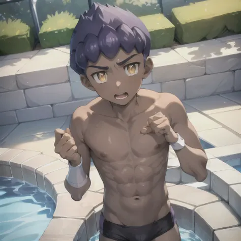 masterpiece,    best quality,   one boy , hop (   Pokémon),    purple hair,     short hair ,    yellow eyes, Dark Skin, Alone,  Completely naked  、  cover your crotch with both hands、panic、At the pool,、bulging due to an erection、 Im embarrassed