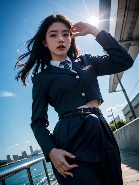 ( best quality:2.0,8k,Photographically:1.2), 1 girl,  natural light, Face showing emotion , Bans、 Medium Hair 、 ( pull up the uniform:1.5)、 , Shiny sweat, (Big Breasts, :1.2), (from below :1.2)、 when the sun shines、throw,, Erection under clothes