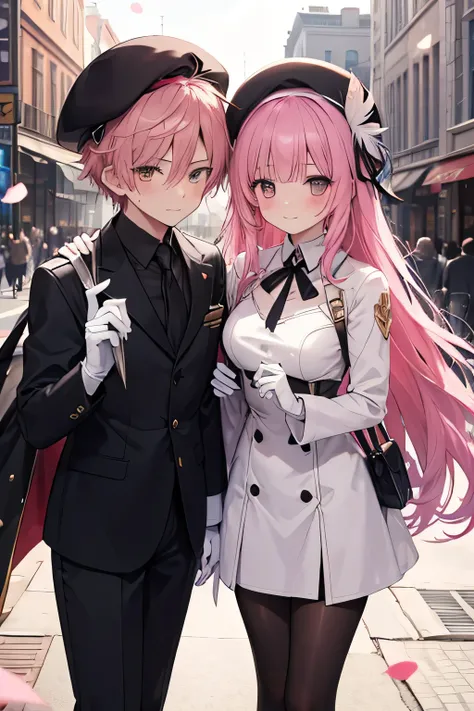 Mens couples(lord knight male),(( ragnarok online )( Feather beret)) and Girl smiling, shaking hands , standing, pink hair color, building background , building background (office), complete anatomy, graphic effects , primera persona, Black suit jacke...