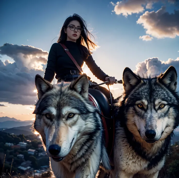 8K quality, Masterpiece,  Bright and Artistic Lighting ,  super real ,  high chroma, Fantastic and beautiful hill , １ a giant wolf with a head and a nomadic girl wearing glasses, (A girl is riding a wolf :1.5), 