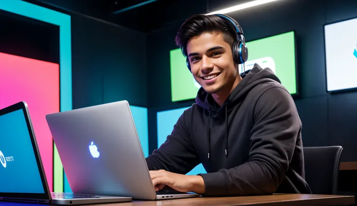 "Generate an image of a young Latino male character with warm, medium-toned skin, slightly wavy dark brown hair, and expressive, friendly dark eyes. He is wearing a casual blue hoodie and is positioned in the center, smiling warmly, sitting in a well-lit, ...