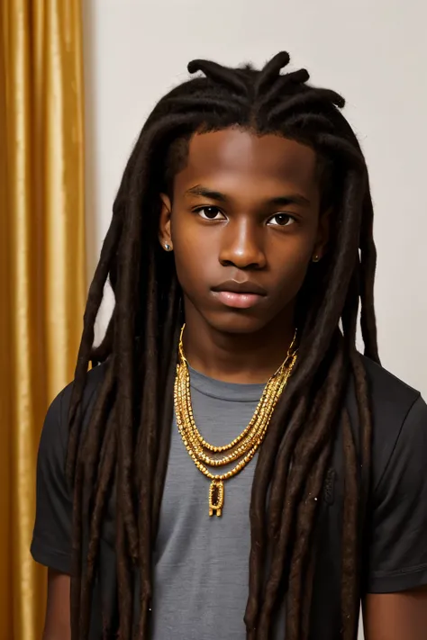 Very dark skinned black teenage boy with long dreadlocks and gold beads in his hair