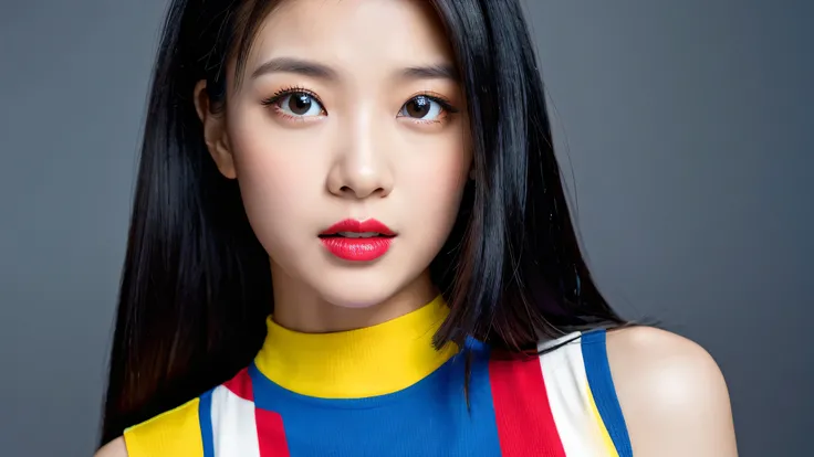 (( detailed face )), ultra high resolution,（ photorealistic：1.7）,Vivid, cute,Crew-neck dress inspired by Mondrians composition red blue yellow black and white,long black hair, studio shot ,( gray background ),