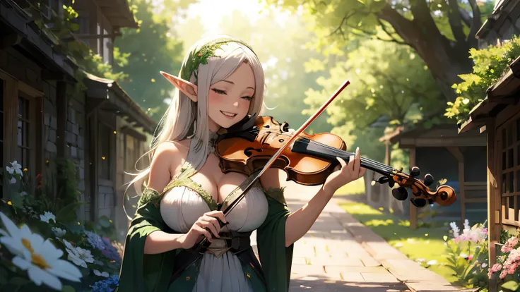 beautiful adult elf woman big breast with long flowing white hair long leg ,wearing green sexy gown , standing the garden of flower , playing violin , happy face  , medieval town , warm sunlight shines , dappled warm glowing particle of dust surrounding , ...