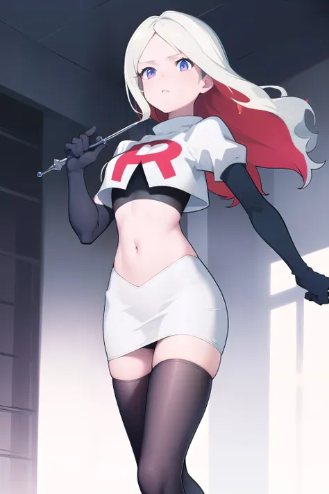 masterpiece, best quality, absurdres, perfect anatomy, 1girl, solo, DianaCavendish, long hair, jewelry, team rocket,team rocket uniform,white skirt,red letter R,crop top,black thigh-highs,black elbow gloves, sparkling