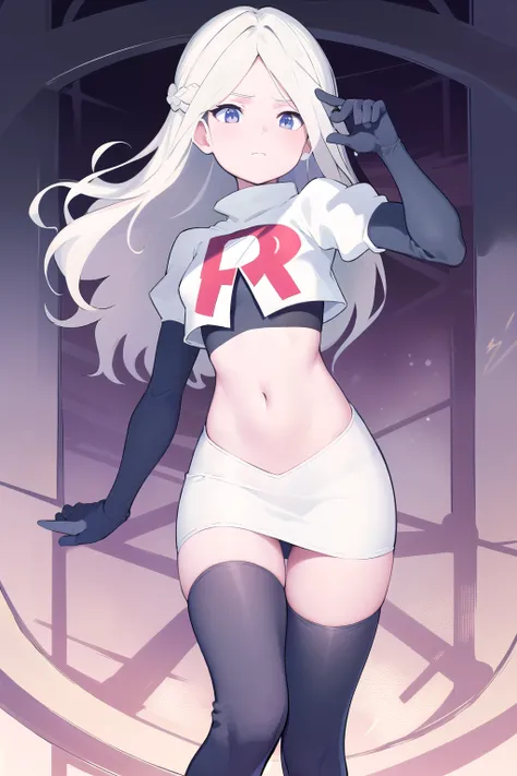 masterpiece, best quality, absurdres, perfect anatomy, 1girl, solo, DianaCavendishBase,DianaCavendish, long hair, jewelry, team rocket,team rocket uniform,white skirt,red letter R,crop top,black thigh-highs,black elbow gloves, sparkling