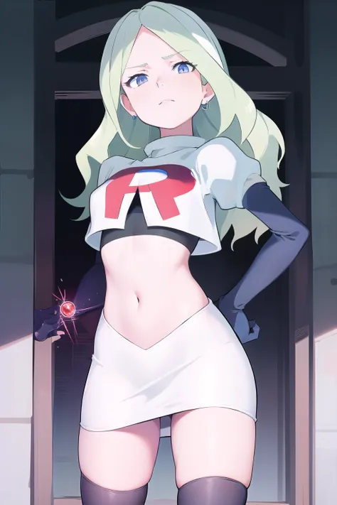 masterpiece, best quality, absurdres, perfect anatomy, 1girl, solo, DianaCavendishBase,DianaCavendish, long hair, jewelry, team rocket,team rocket uniform,white skirt,red letter R,crop top,black thigh-highs,black elbow gloves, sparkling