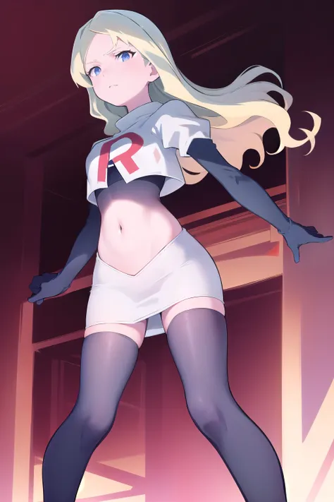 masterpiece, best quality, absurdres, perfect anatomy, 1girl, solo, DianaCavendishBase,DianaCavendish, long hair, jewelry, team rocket,team rocket uniform,white skirt,red letter R,crop top,black thigh-highs,black elbow gloves, sparkling