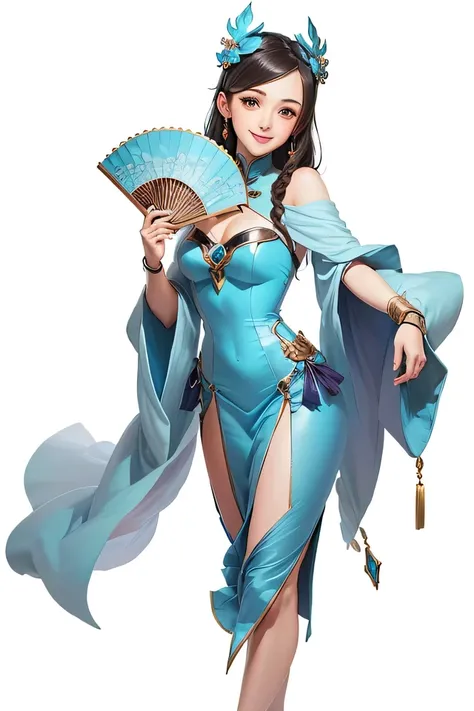 Anime girl in a blue dress holding a Chinese-style blue fan, Cartoon girl close-up， wearing a dress ，Cute girl，A big smile， big eyes， Complete Details ， High level of detail ，Clarity ， Animated Cute Style , Anime style characters, Qatar, Official character...