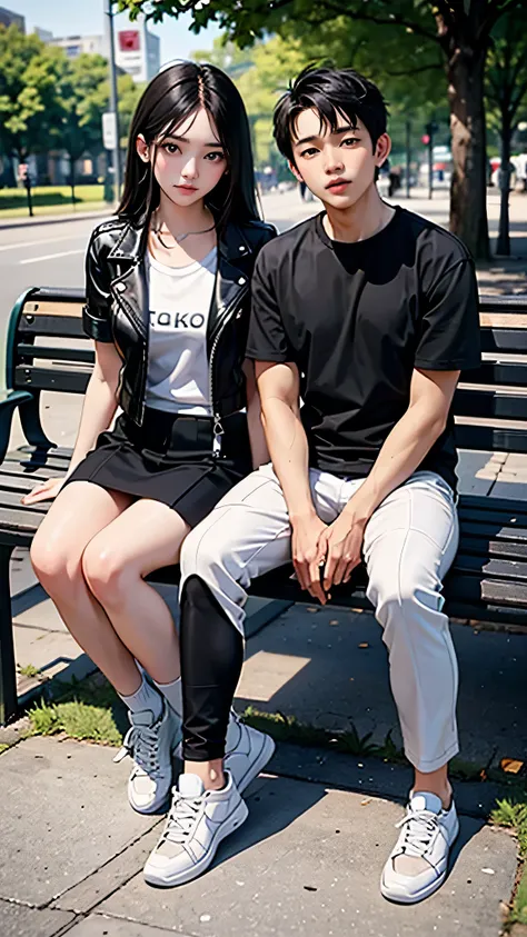 A pair of young Indonesian men and women, bright black hair, wearing a black t-shirt and white leather jacket. long cargo pants,pose,looking at the camera, white sneakers, sitting on a bench in a city park. I&#39;m drinking iced boba cappuccino.Realistic o...