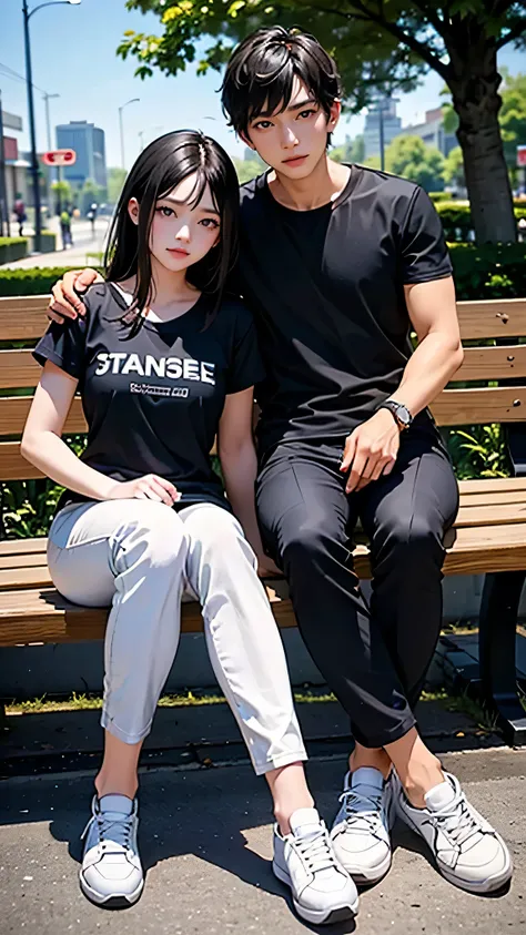 A pair of young Indonesian men and women, bright black hair, wearing a black t-shirt and white leather jacket. long cargo pants,pose,looking at the camera, white sneakers, sitting on a bench in a city park. I&#39;m drinking iced boba cappuccino.Realistic o...