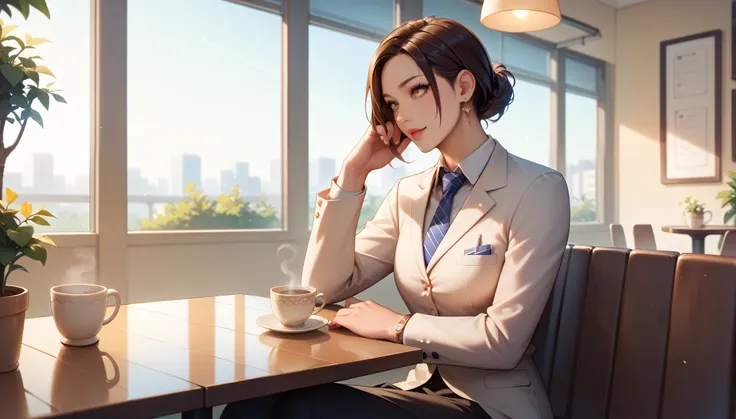 Ultra-realistic,  best quality , High image quality,  Details,  high definition , 8k, 超 high definition ,  soft saturation,  professional quality ,   perfect contrast ,  perfect lighting ,  great quality, a woman sitting in a cafe, lofi