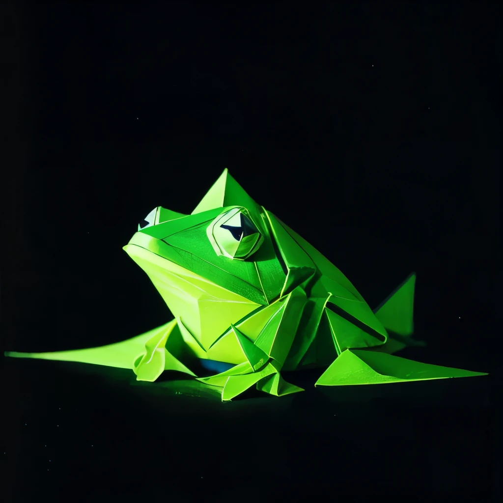  Make me, Please, an origami frog using watercolor technique on a black paper background, neon lines  