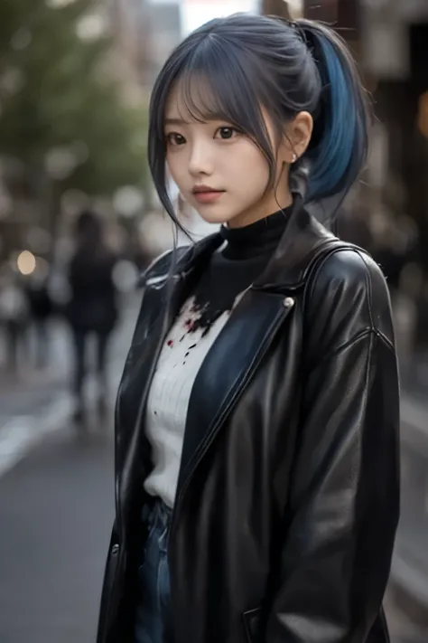  black coat:1.3,  ponytails bleeding from the vagina:1.2, Ash Blue Hair