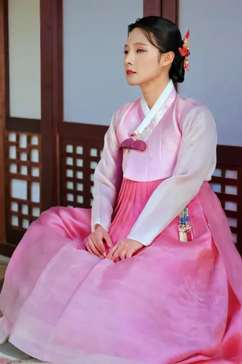 A Korean man in womens hanbok, hi is crossdresser, His face and hairstyle are very masculine, silk, Mother of the Bride hanbok Dress Outfit, breasts like a woman, red and pink, slender female body, see-through short jacket, satin, little side view, full bo...