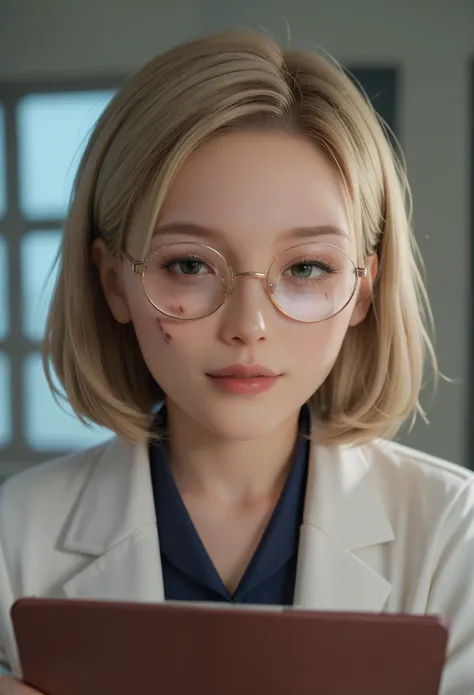 A portrait of a young female scientist from the UK, Clarisse Evans, focusing on her upper body. She has wavy blonde bob-cut hair, framing her face with an intelligent yet approachable look. She wears round glasses, with a sharp but slightly clumsy expressi...
