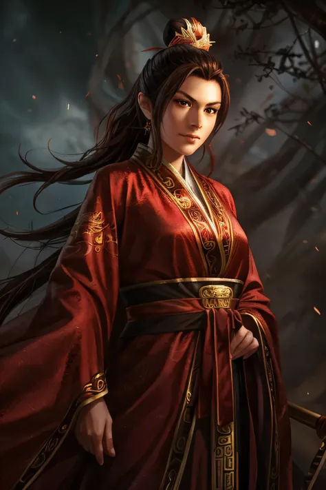 18 years old beautiful female chinese official, wearing crimson robe, dark brown hair, full body, ultimate detail, 8k, UHD,close-up, full-length potrait, centered, character potrait, fantasy art, fantasy concept art, cinematic lighting, highly detailed