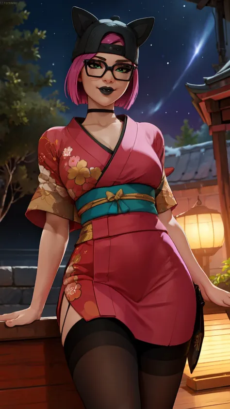 1 girl, black lips, choker, (masterpiece) dark sky, stars in the sky (forest Night) (best quality) gaming ,(alone), looking at viewer,  high detailed, extremely detailed, fine green eyes,thigh high stockings, KIMONO 👘, mischievous smile , short pink hair, ...